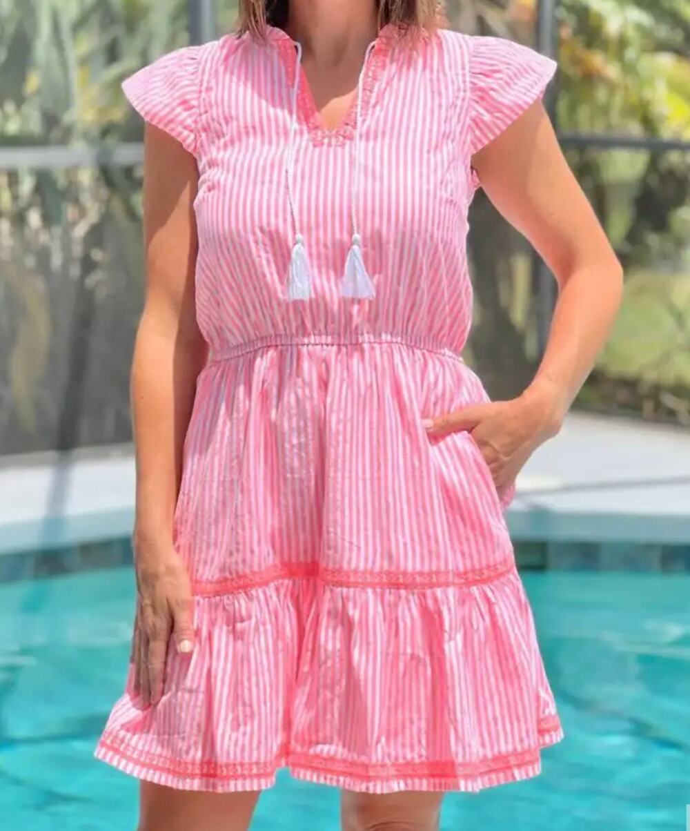Hatley The Layla Flutter Sleeve Striped Tiered Mini Dress Pink Medium